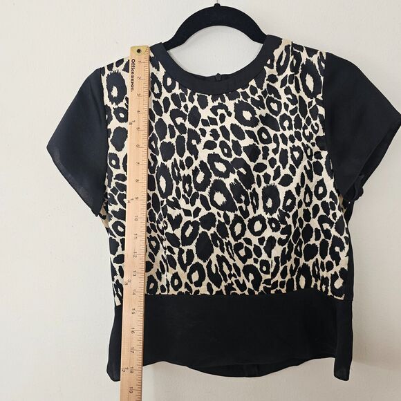 ASV Asava Black & Cheetah Print Satin Short Sleeve Back Zip Peplum Blouse 8 - Picture 6 of 7
